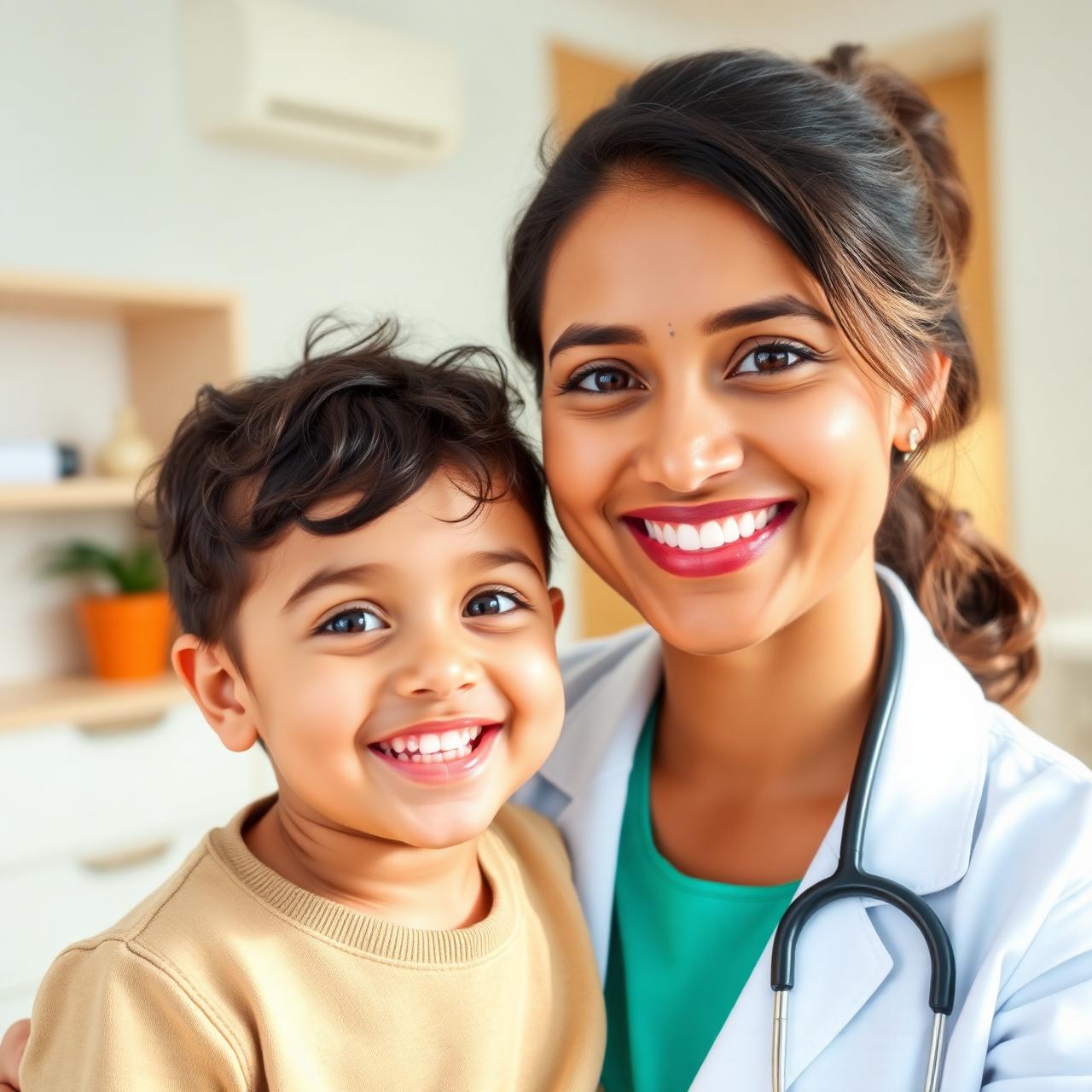Paediatrician with happy child